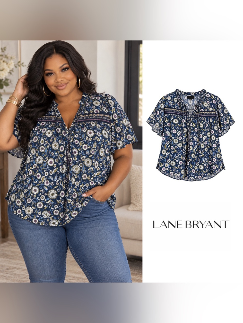 NEW Lane Bryant Navy Floral Tie-Front Ruffle Blouse